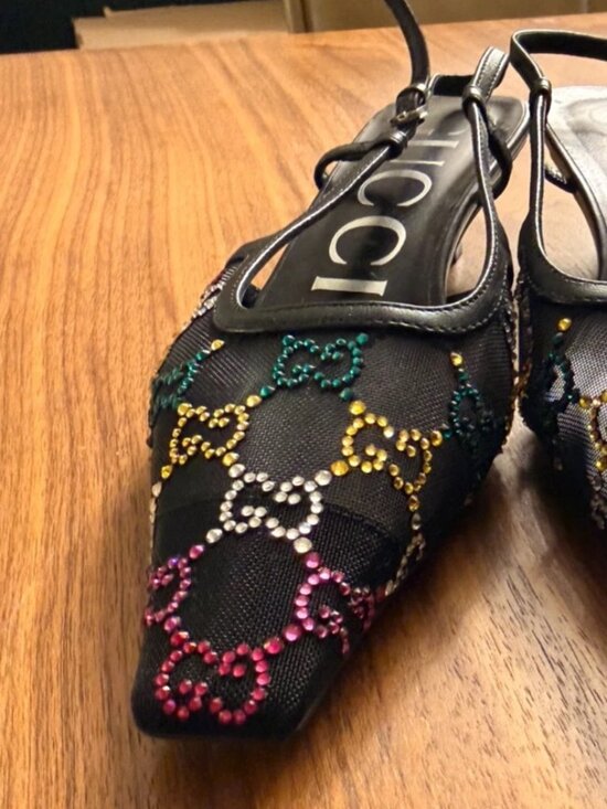 RETAIL $1220 - GUCCI GG MESH CRYSTAL SLINGBACK KITTEN HEEL - 35.5 - Picture 4 of 7